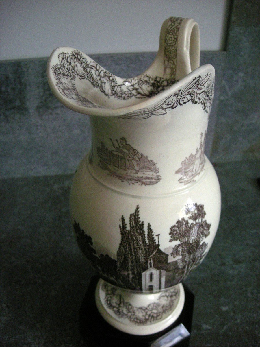 Ewer In Fine Earthenware 19th Century Grisaille Decor-photo-2