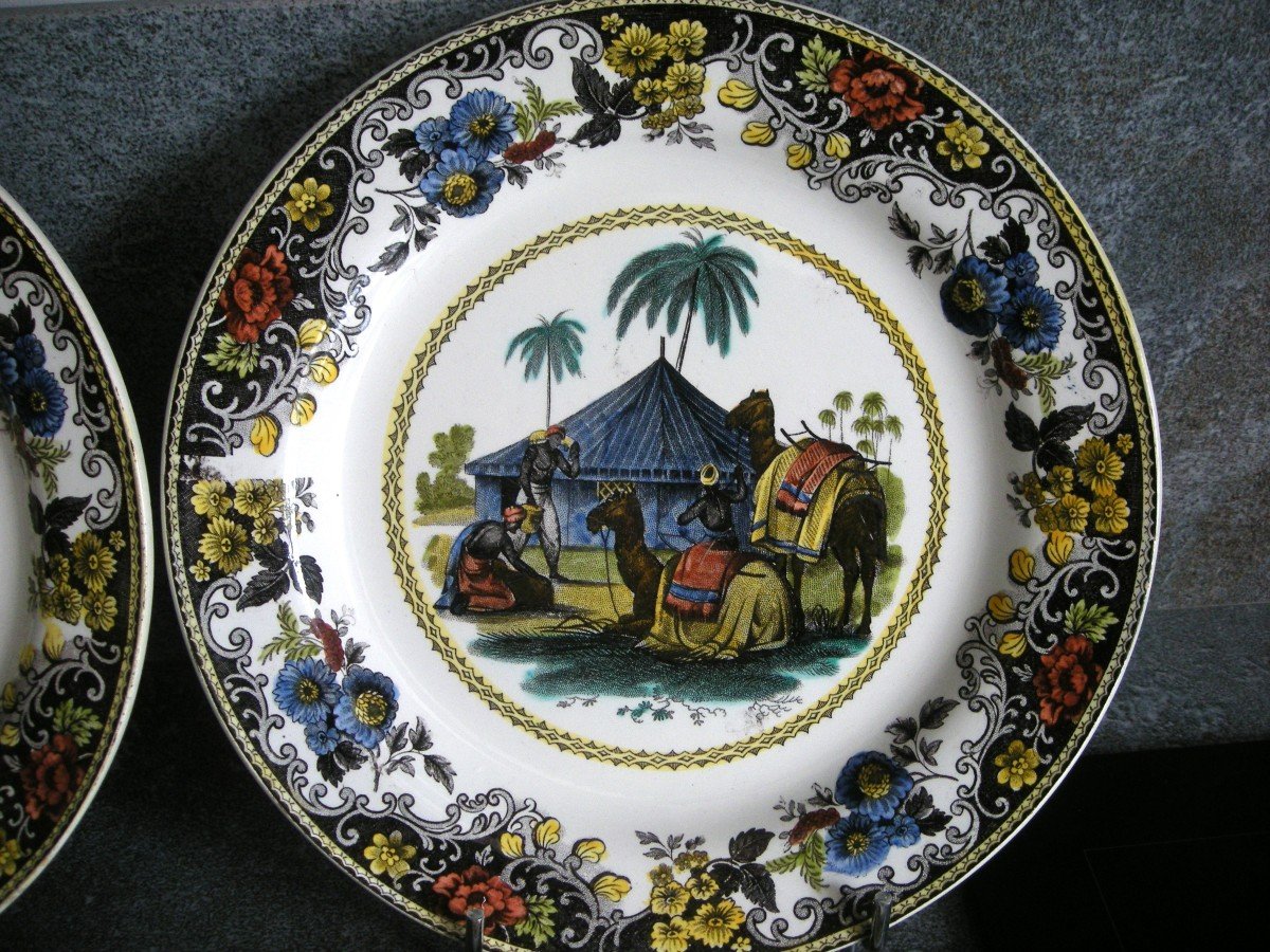 9  Assiettes  Faïence  Polychrome  1830  "  Le Tour Du Monde "  De  Creil-photo-3