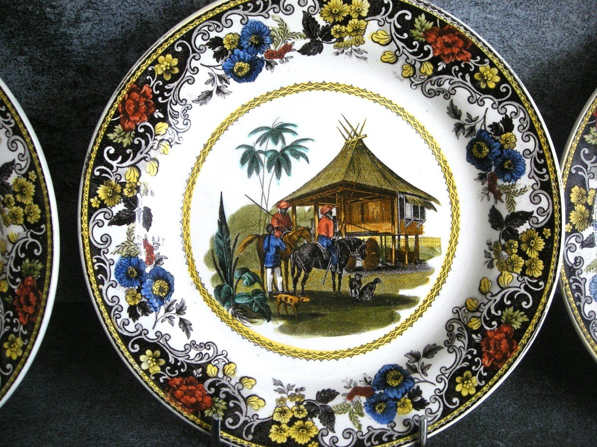 9  Assiettes  Faïence  Polychrome  1830  "  Le Tour Du Monde "  De  Creil-photo-4