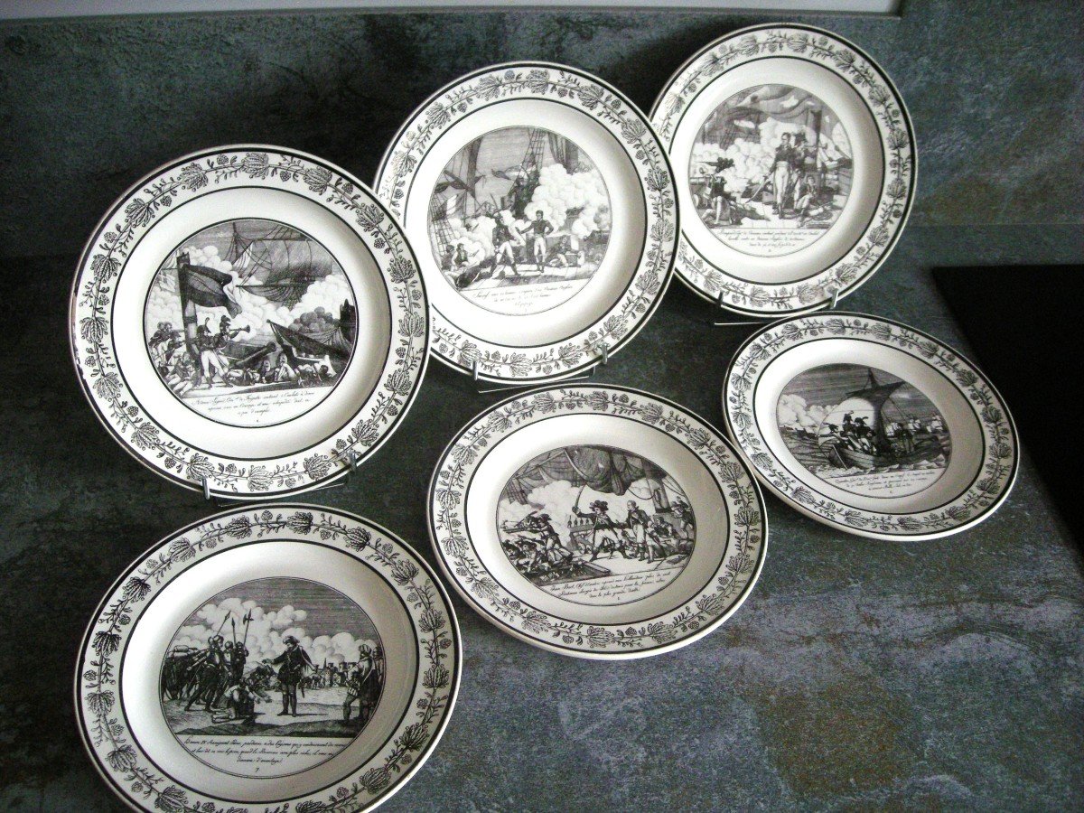 6  Assiettes  Faïence 1824  Décor  "  Batailles  Navales "  De  Choisy  Le  Roi-photo-7