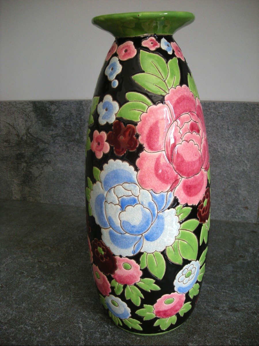 Art Deco Earthenware Vase 1930 Enamels Signed Boch Keramis-photo-3