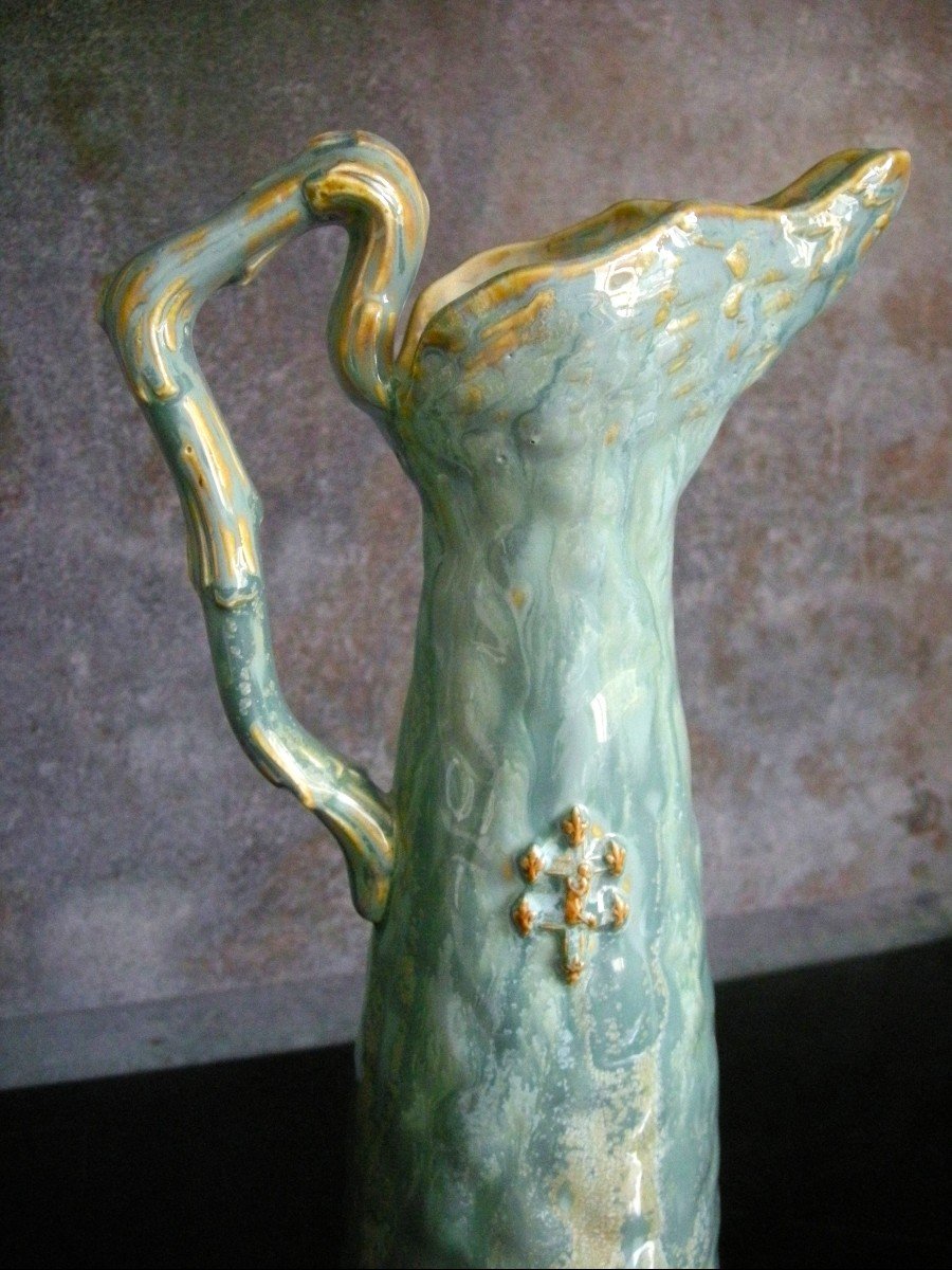 Stoneware Pitcher Art Nouveau Decor Heraldic Manufacture Of Pierrefonds-photo-4