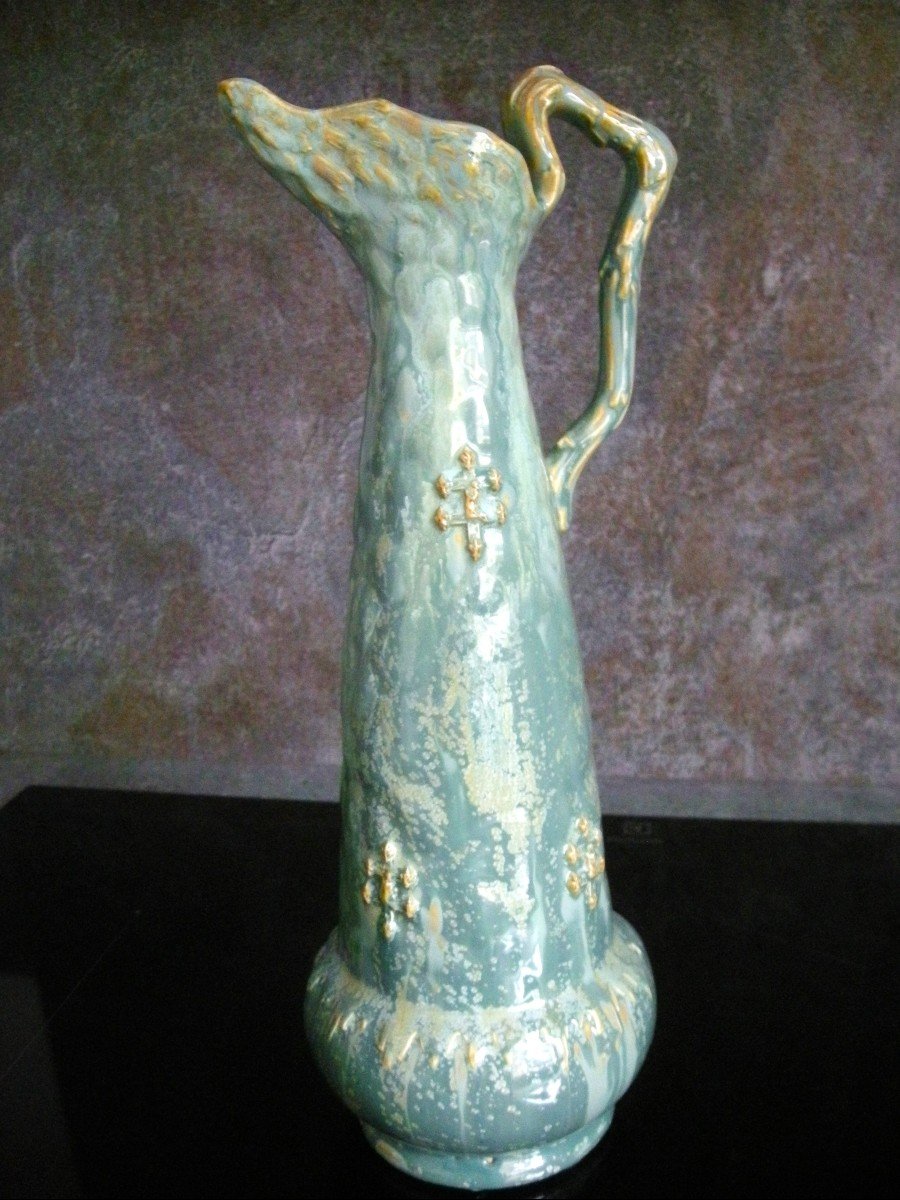 Stoneware Pitcher Art Nouveau Decor Heraldic Manufacture Of Pierrefonds-photo-1