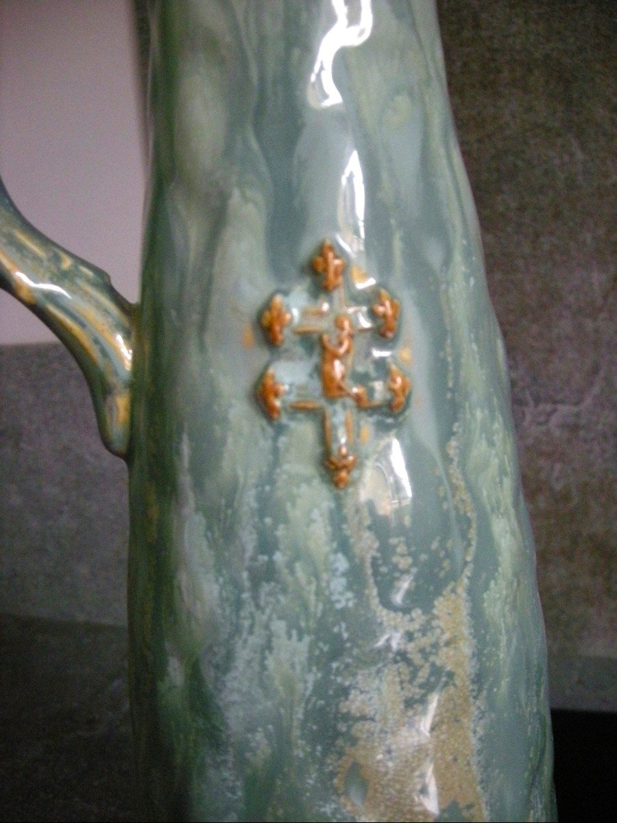 Stoneware Pitcher Art Nouveau Decor Heraldic Manufacture Of Pierrefonds-photo-4