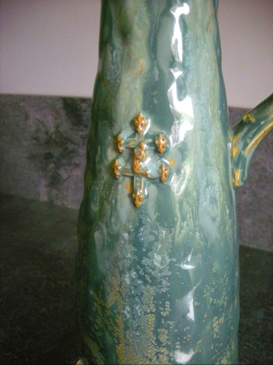 Stoneware Pitcher Art Nouveau Decor Heraldic Manufacture Of Pierrefonds-photo-6