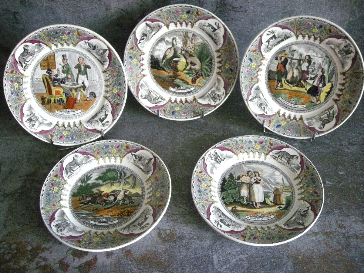 5 Porcelain Plates Creil 1844 Decor Jean De La Fontaine  -photo-2