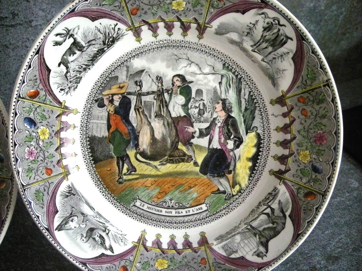 5 Porcelain Plates Creil 1844 Decor Jean De La Fontaine  -photo-4