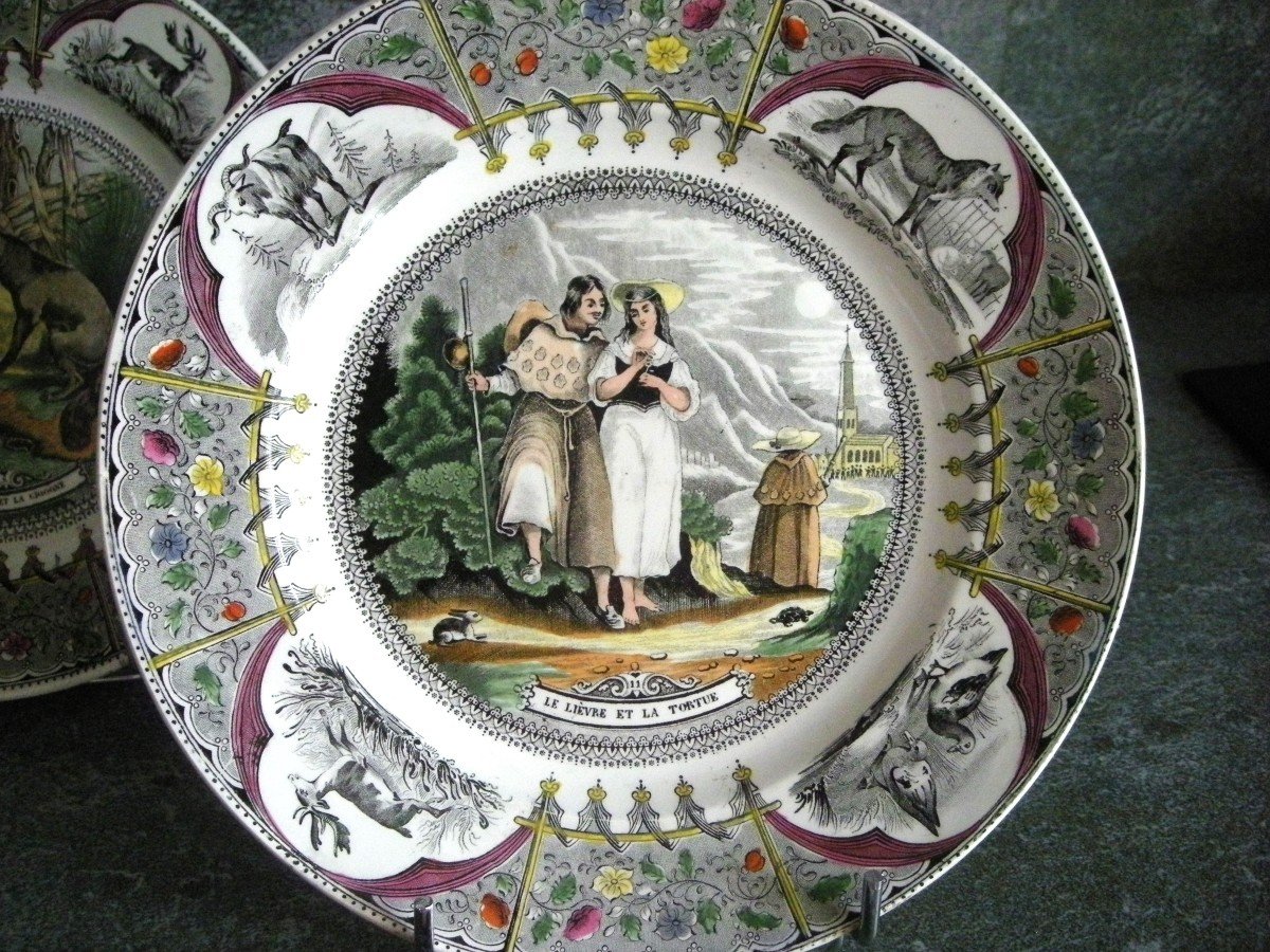 5 Porcelain Plates Creil 1844 Decor Jean De La Fontaine  -photo-2