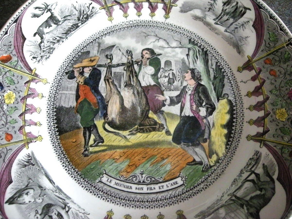 5 Porcelain Plates Creil 1844 Decor Jean De La Fontaine  -photo-3