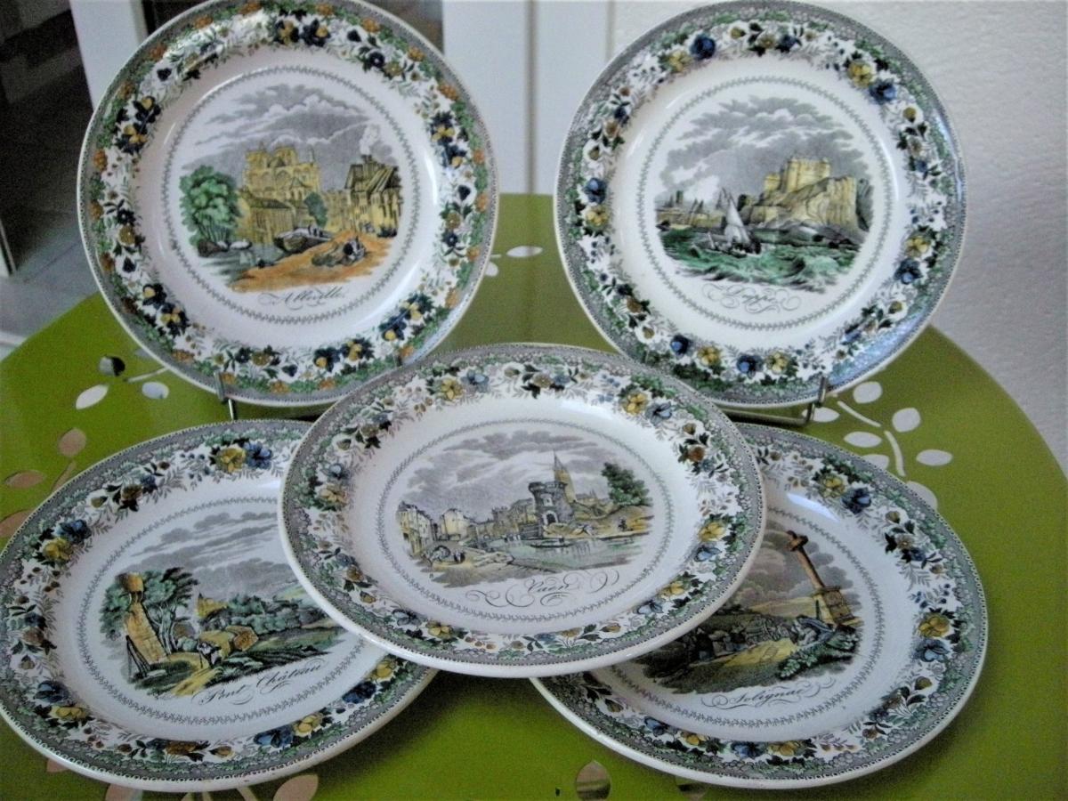 5  ASSIETTES  FAIENCE  FINE  POLYCHROME  DE  MONTEREAU