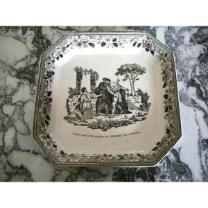 Fine Earthenware Square Dish 1819 Decor Grisaille Sign Montereau