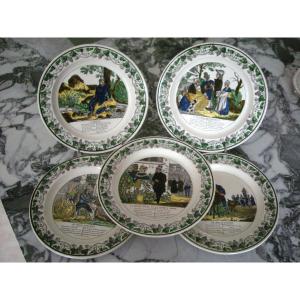 5 Fine Earthenware Plates On The Songs Of Beranger 1825 Montereau