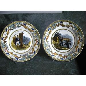 Two Polychrome Plates 1830 "the Life Of A Soldier" From Creil.