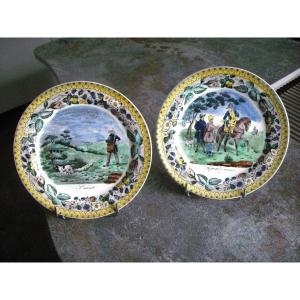 Two Polychrome Plates 1824 Hunting Decor Signed Choisy Le Roi