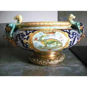 Jardiniere Mounted On Bronze In Blois Faience 19th Century.