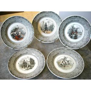 5 Opaque Porcelain Plates 1839 Military Decor By Creil And Montereau