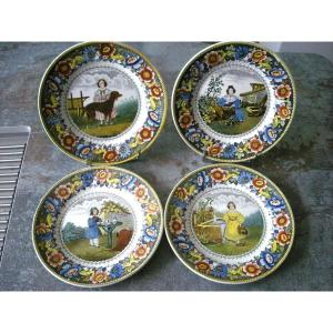 4  Assiettes  Faience  Fine  Decor  "  Les  Enfants  "   De  Creil