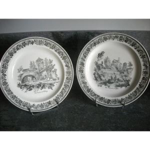 Two Fine Earthenware Plates 1828 Landscape Decor Signed Creil.