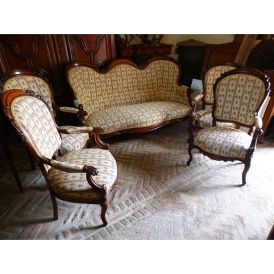 Salon époque Napoléon III, Acajou. Banquette 3 Places avec 4 fauteuils
