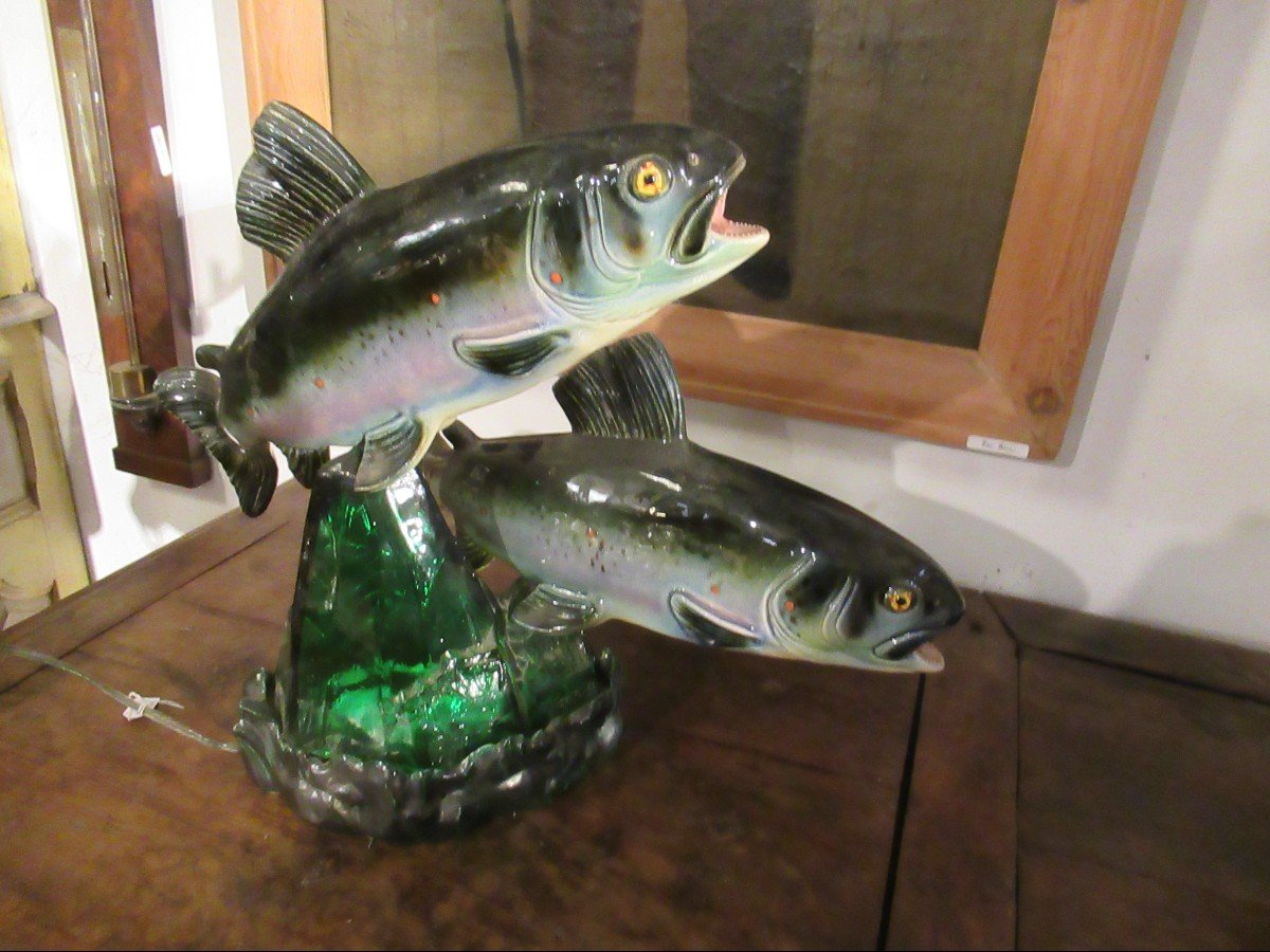 Two Ceramic Trouts On Glass Base Signed Bonome A Paris-photo-2