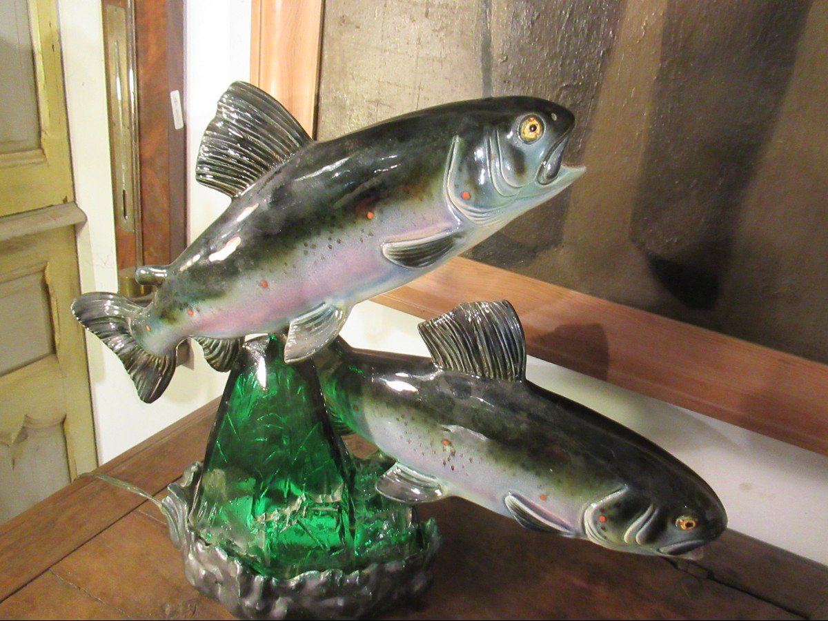 Two Ceramic Trouts On Glass Base Signed Bonome A Paris-photo-3