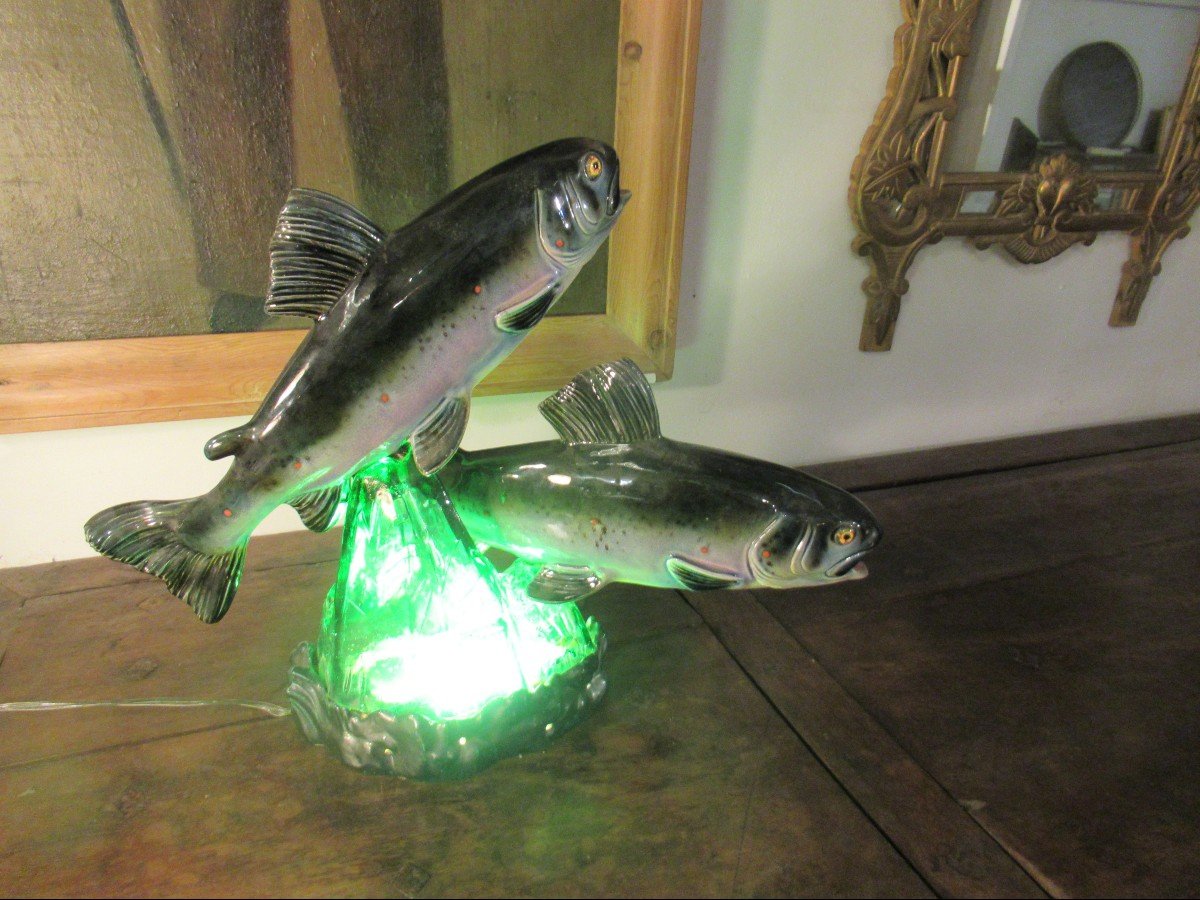 Two Ceramic Trouts On Glass Base Signed Bonome A Paris