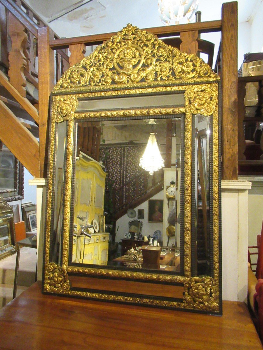 Large Renaissance Style Mirror In Repoussé Brass