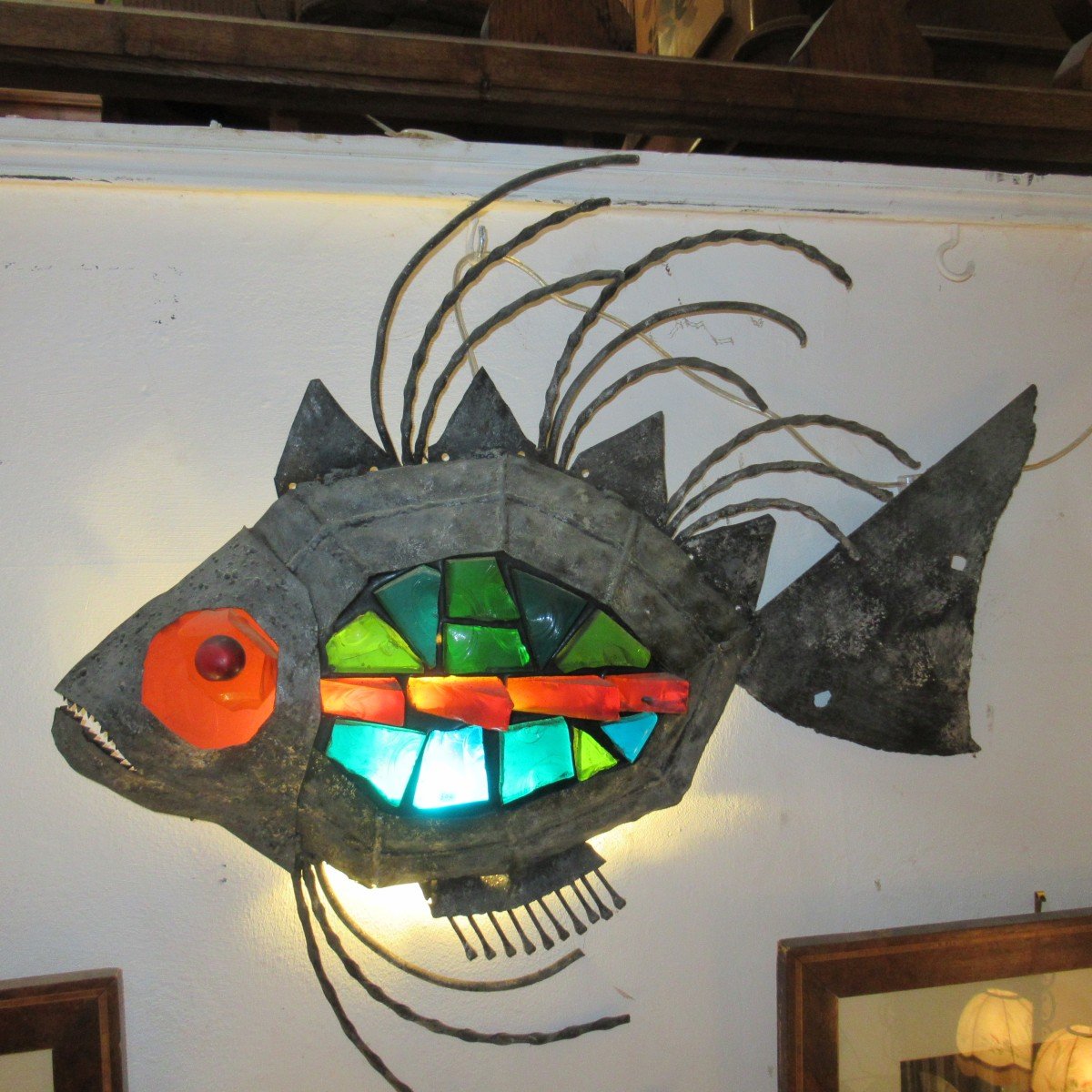 Piranas Fish In Metal And Cut Glass Block Brutalist 