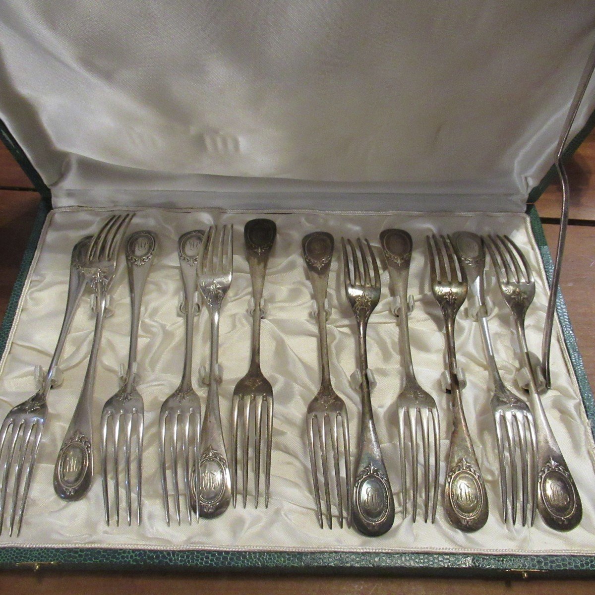 12 Silver Dessert Forks 19th Century Numbered 