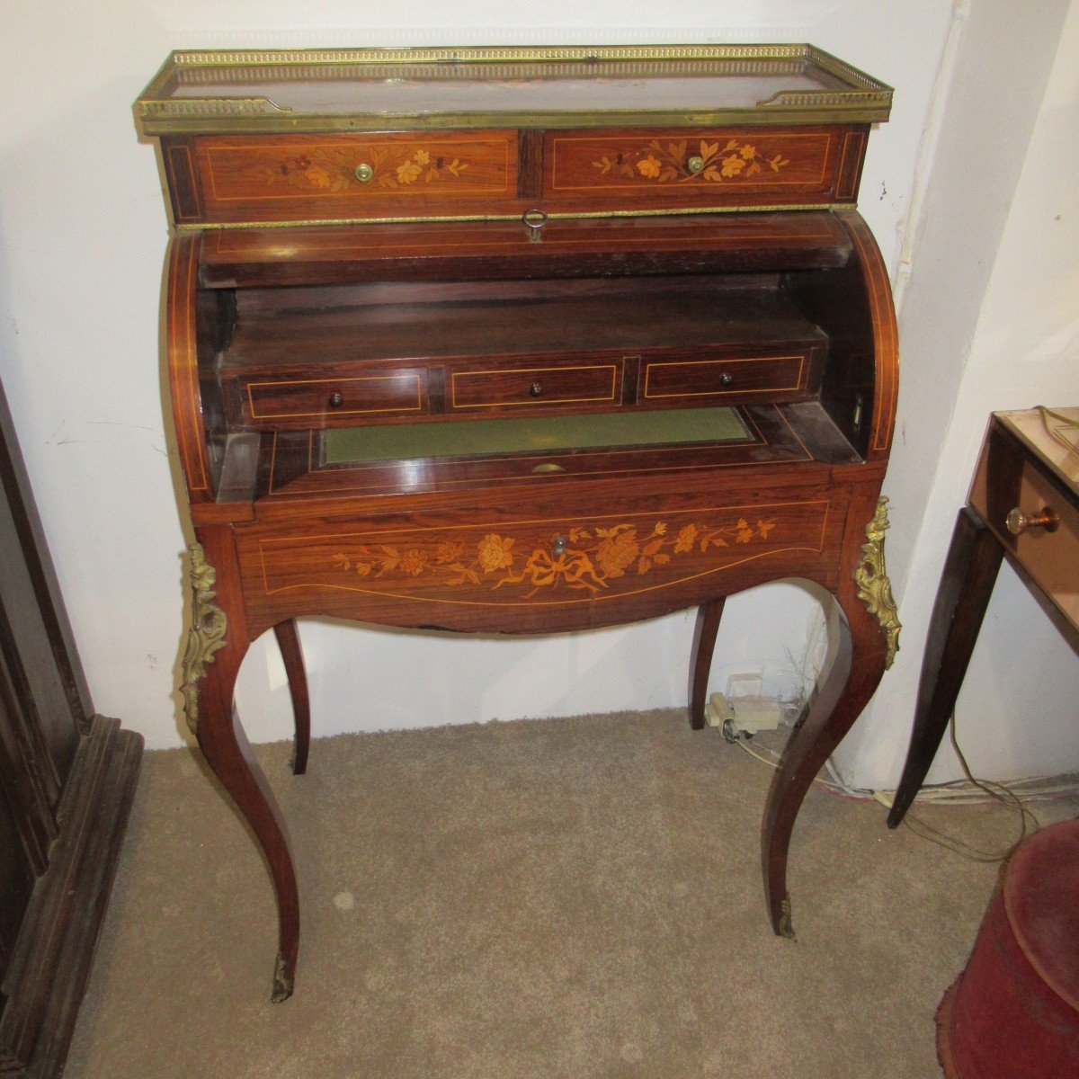 19th Century Marquetry Cylinder Desk -photo-2