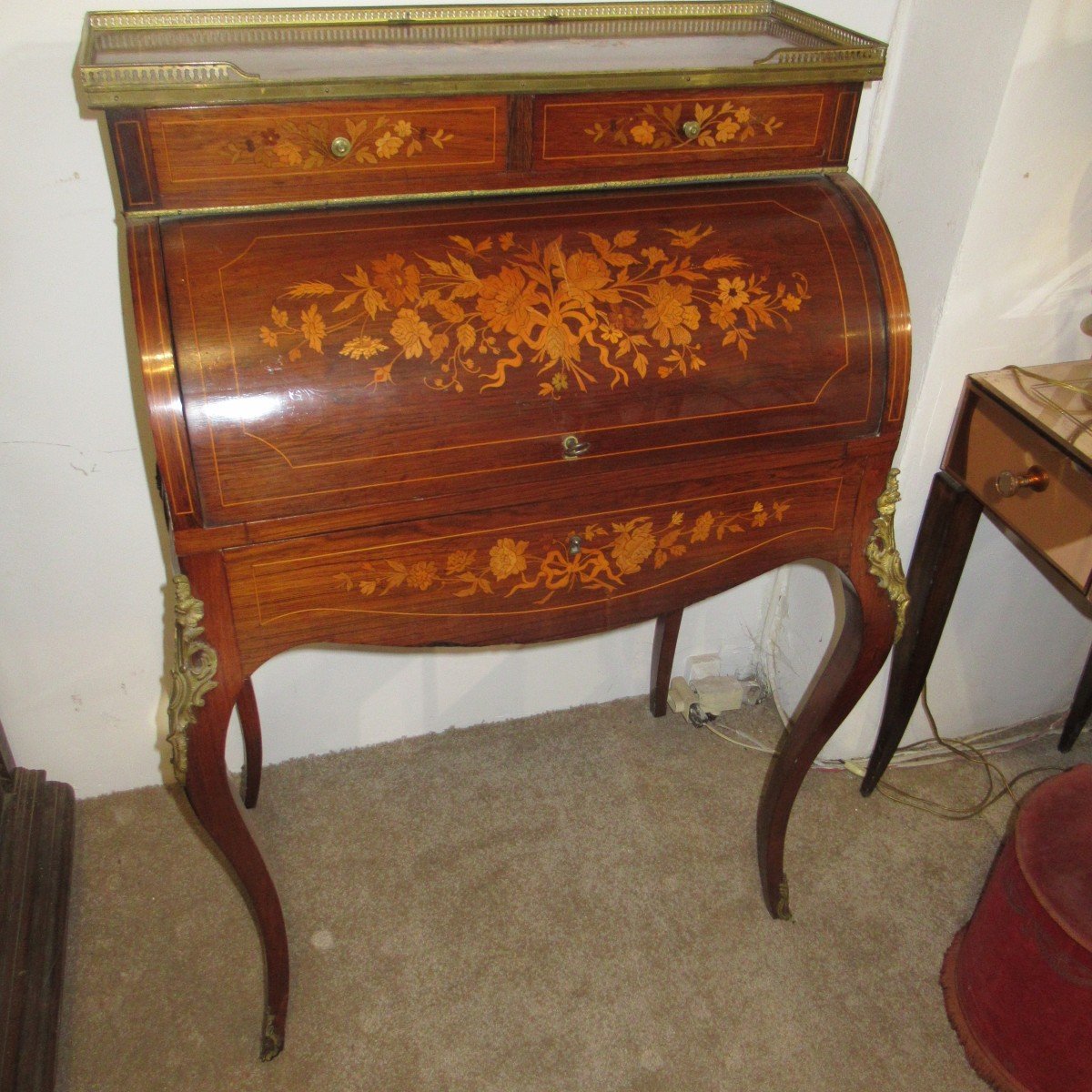 19th Century Marquetry Cylinder Desk 