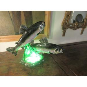 Two Ceramic Trouts On Glass Base Signed Bonome A Paris