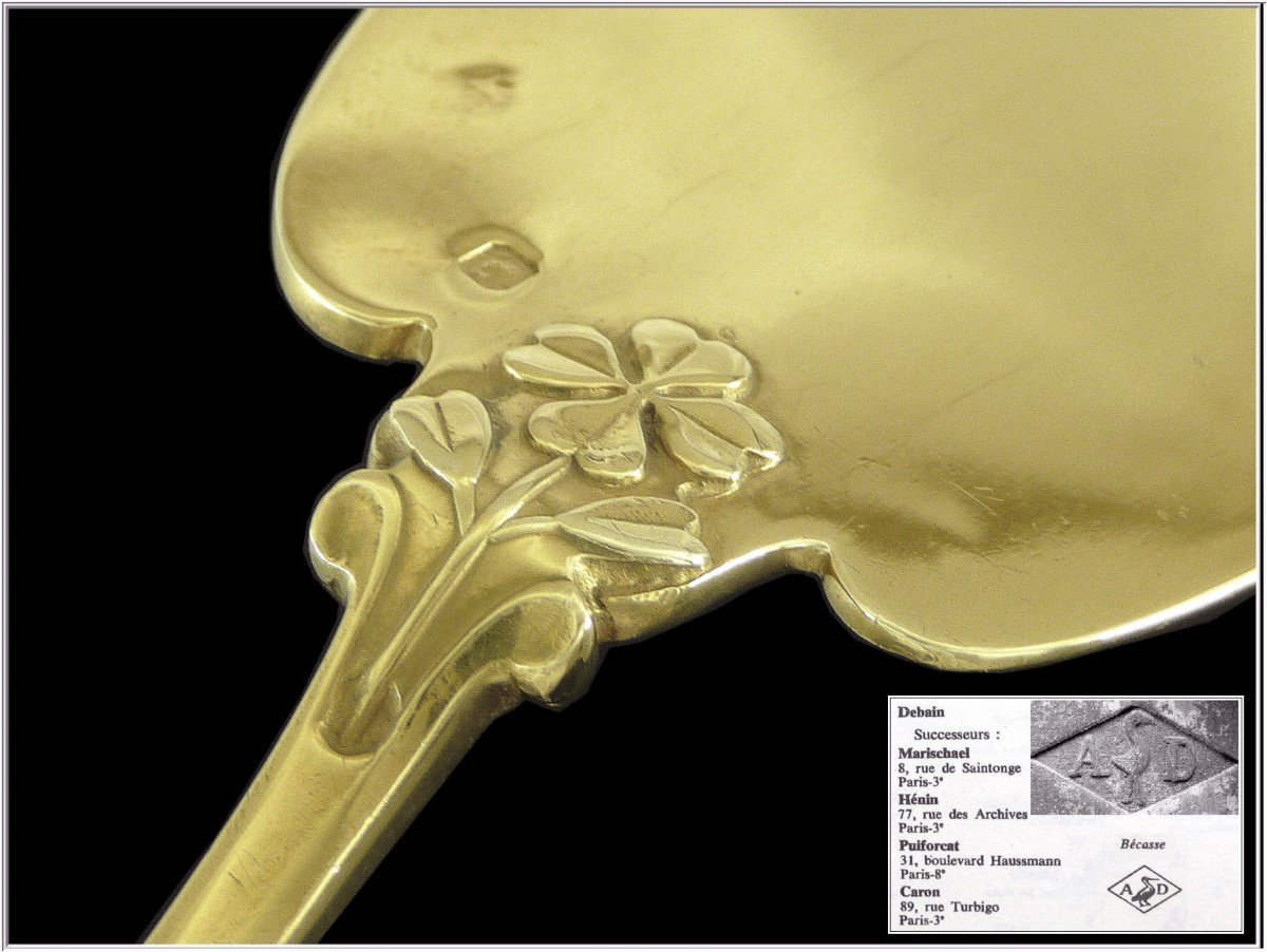 A. Debain - Couvert de Service à Glace  aux Trèfles  Argent Massif & Vermeil -  Art Nouveau-photo-2