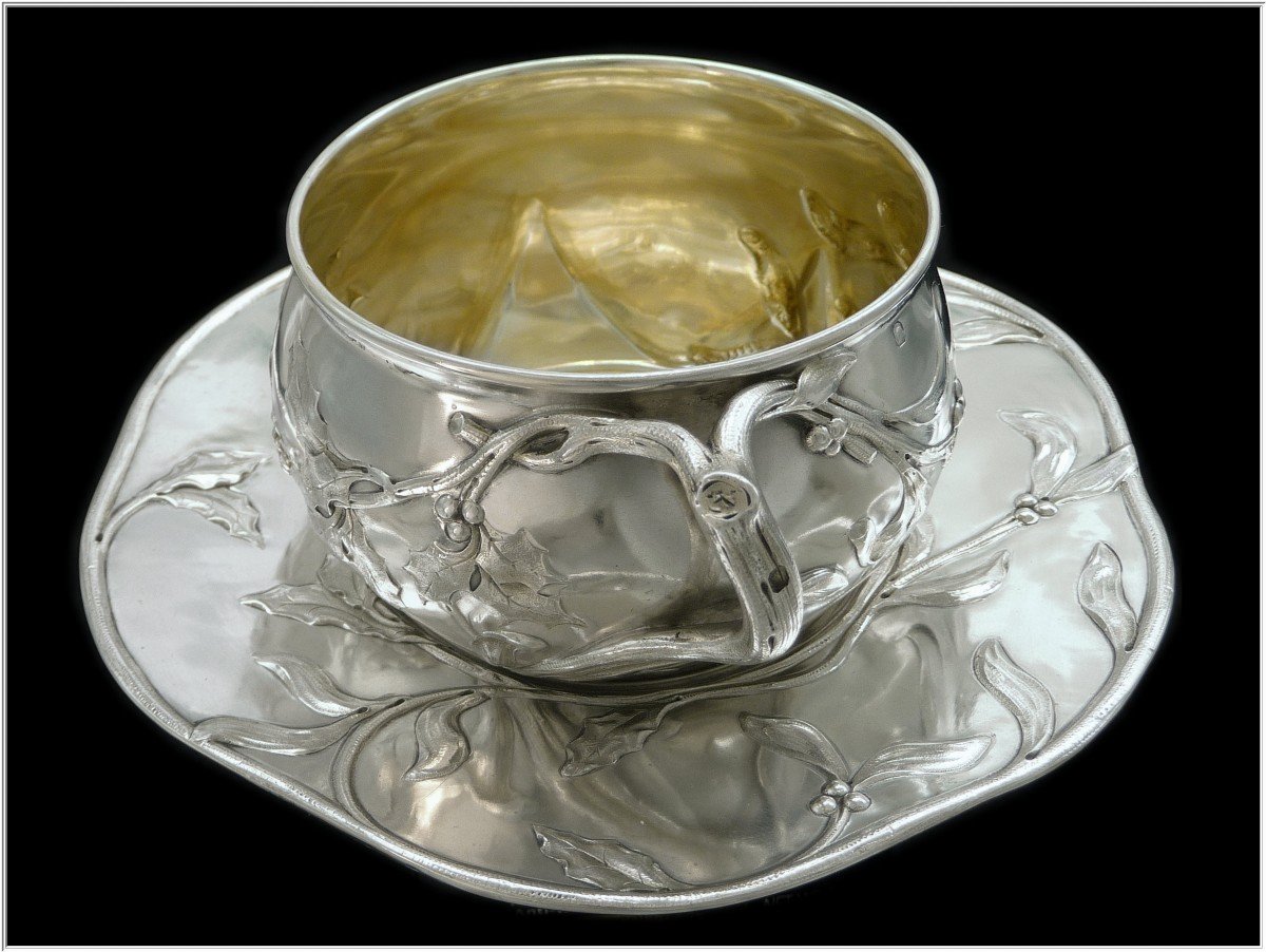 Eugène Lefebvre - Tasse et Sous-tasse Argent Massif Art Nouveau  Décor de Houx et de Gui-photo-2