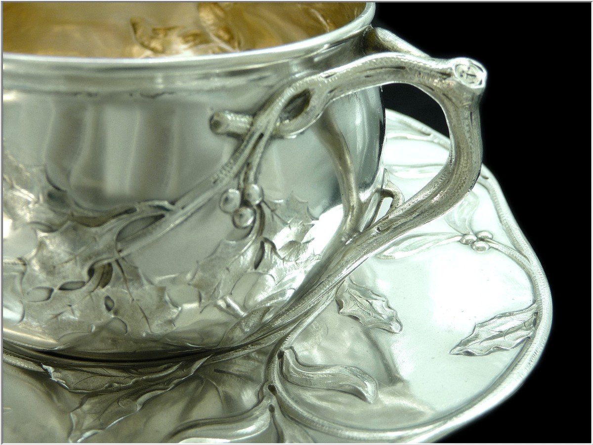 Eugène Lefebvre - Tasse et Sous-tasse Argent Massif Art Nouveau  Décor de Houx et de Gui-photo-4