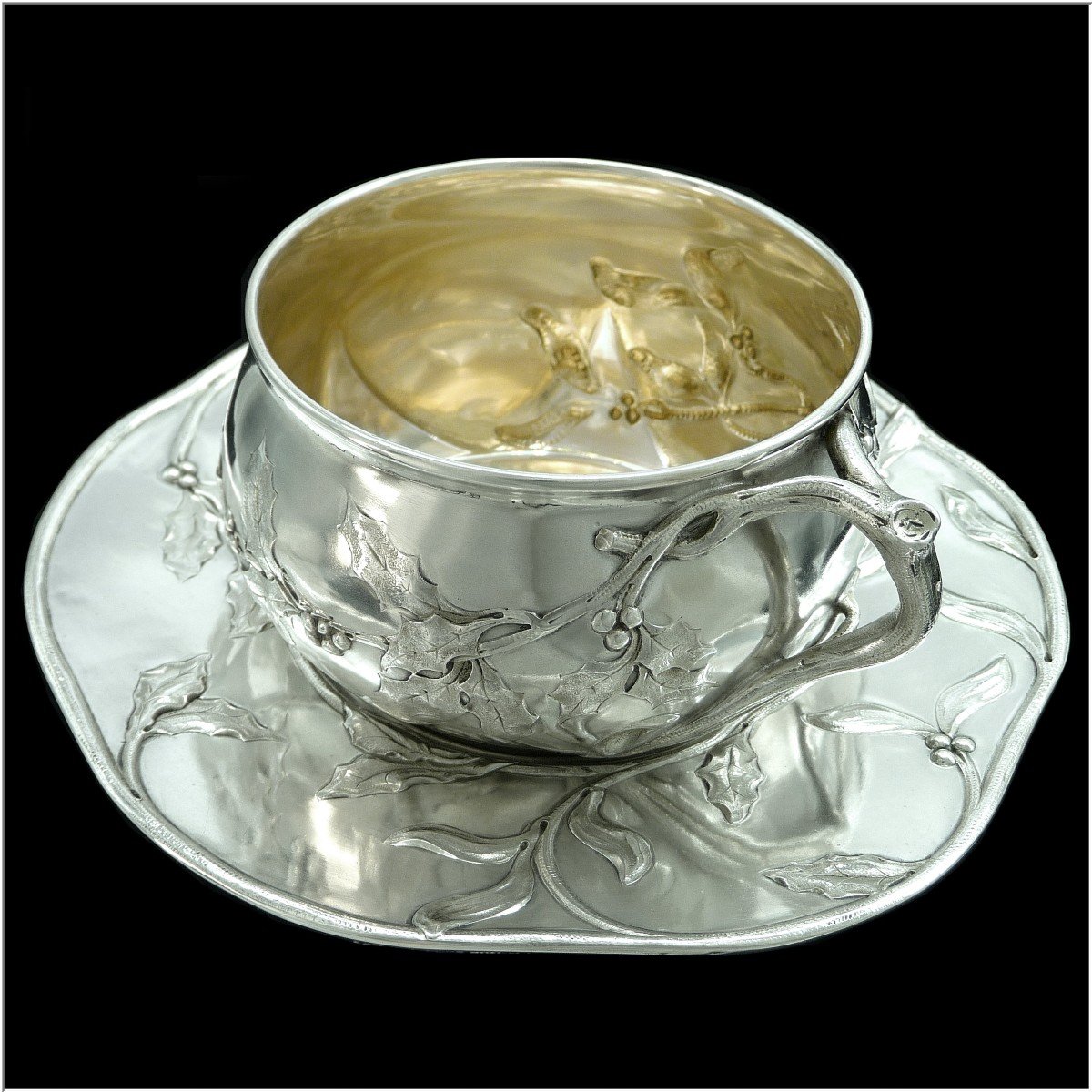 Eugène Lefebvre - Tasse et Sous-tasse Argent Massif Art Nouveau  Décor de Houx et de Gui-photo-6