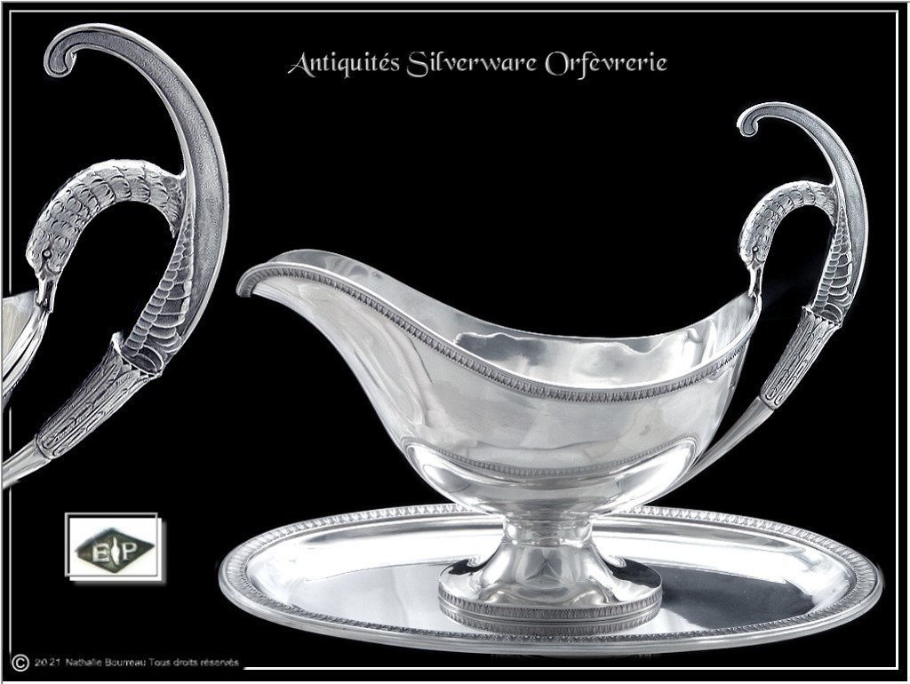 Puiforcat - Rare Swan Neck Gravy Boat Sterling Silver & Its St. Empire Garnish