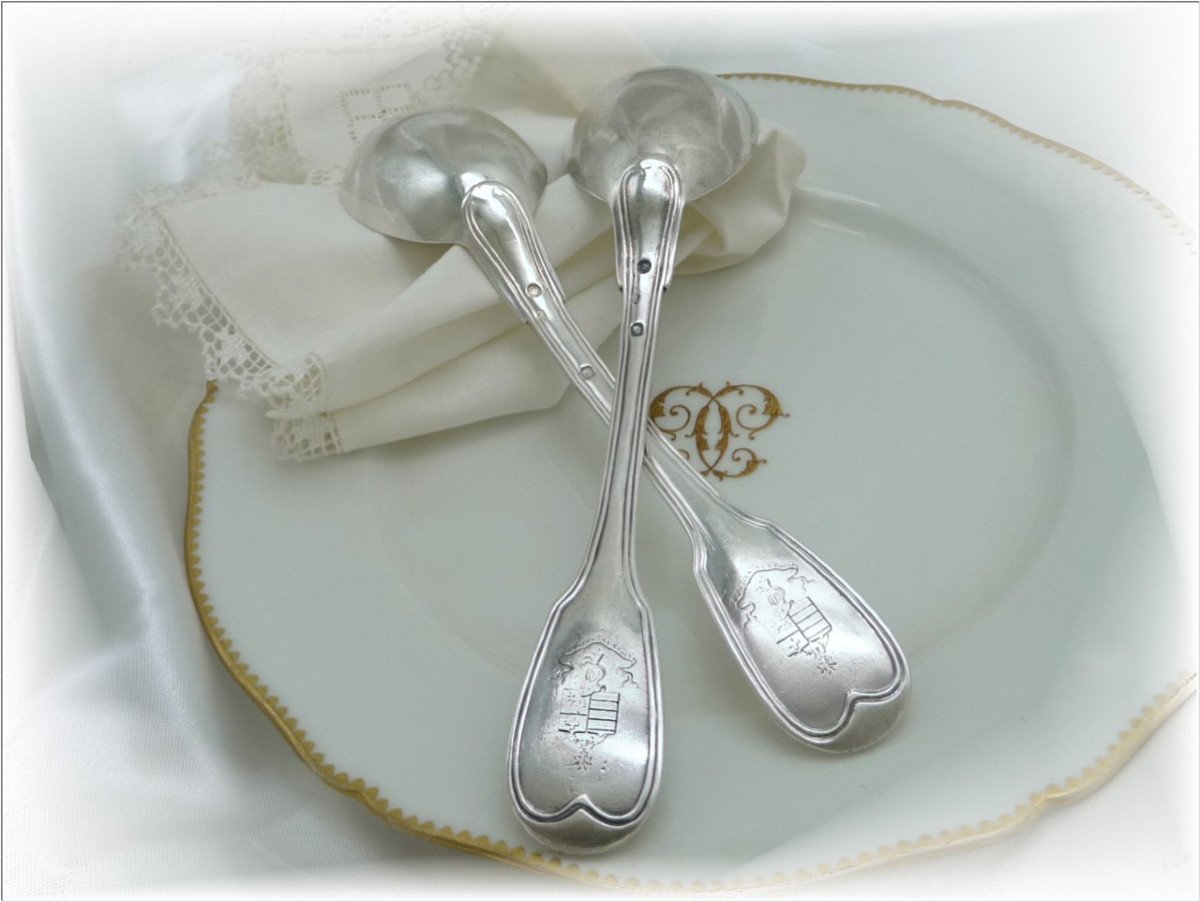 L. Chatenet Vve. Pair Of Serving Spoons - Sauce / Cream Sterling Silver Coat Of Arms.-photo-3