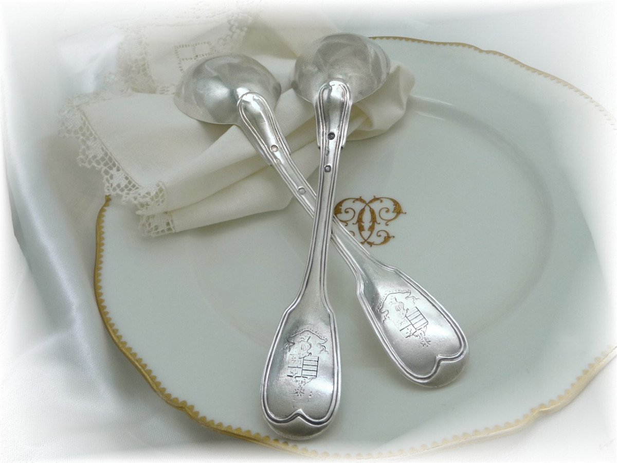 L. Chatenet Vve. Pair Of Serving Spoons - Sauce / Cream Sterling Silver Coat Of Arms.
