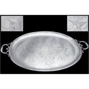 Large Oval Tray In Silver Engraved With Birds And Butterflies - Late 19th Century