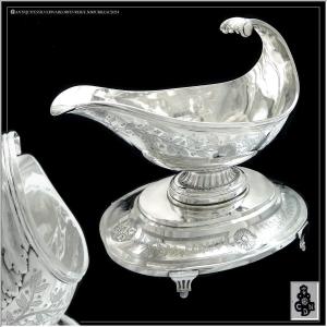 Claude-nicolas Delanoy - Engraved Sterling Silver Helmet Saucer Boat Louis XVI Period - Paris XVIII°