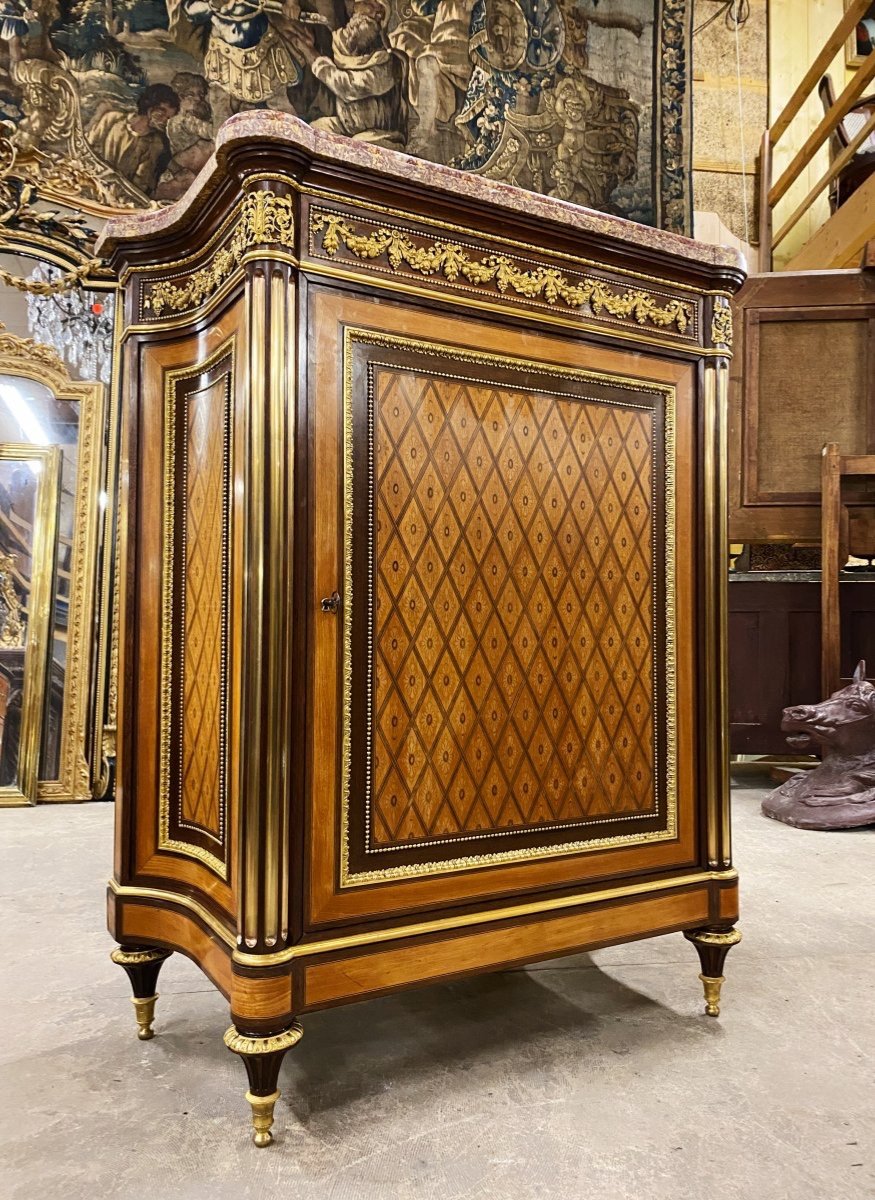 Ceremonial Support Cabinet In Marquetry, Gilt Bronzes Attributed To Guillaume Grohe Napoleon III-photo-2