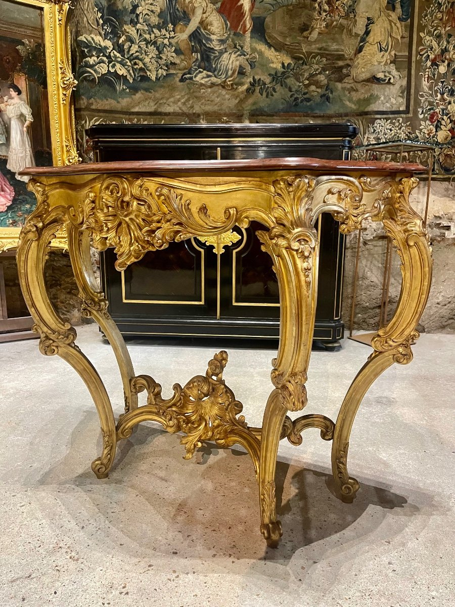 Console 4 Pieds de style Louis XV En Bois Doré D’époque Napoléon III Dessus De Marbre Griotte -photo-2