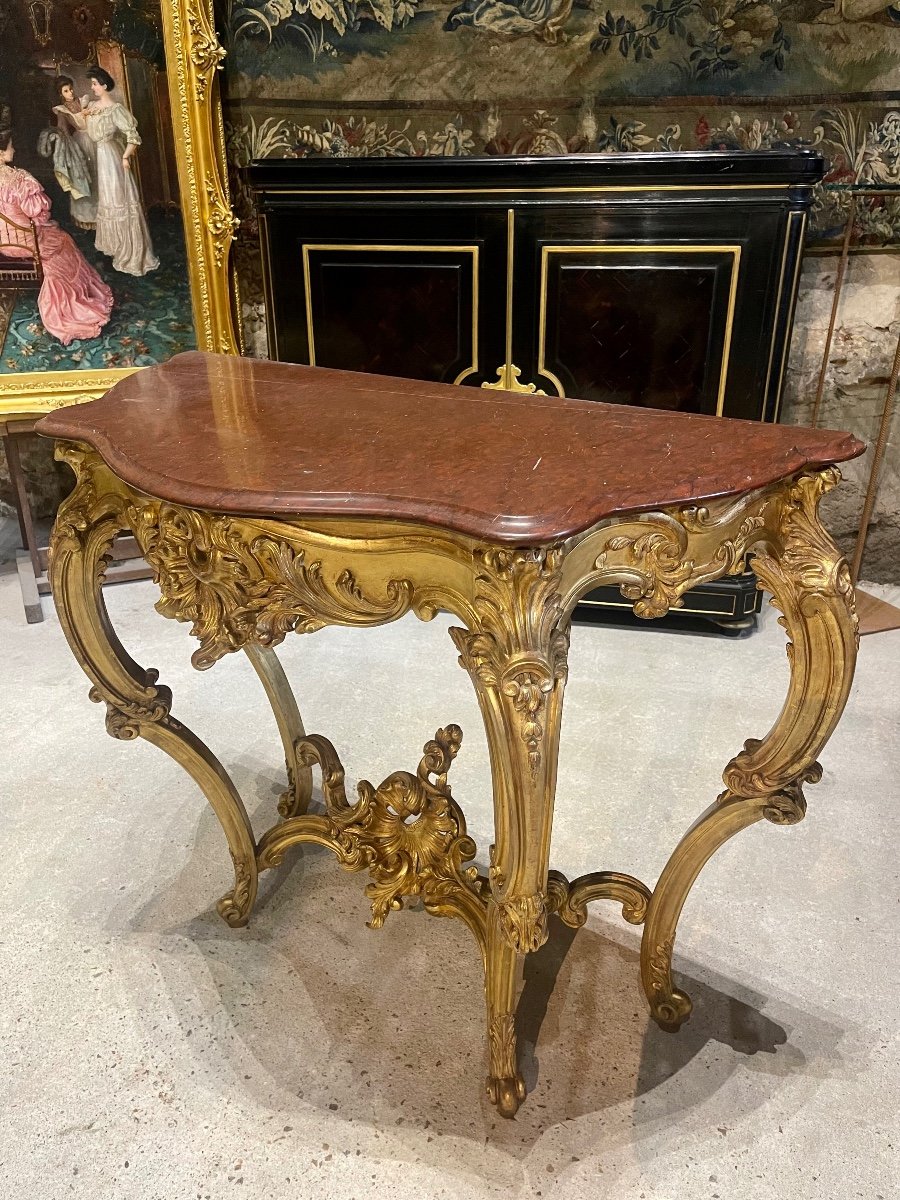 Console 4 Pieds de style Louis XV En Bois Doré D’époque Napoléon III Dessus De Marbre Griotte -photo-3