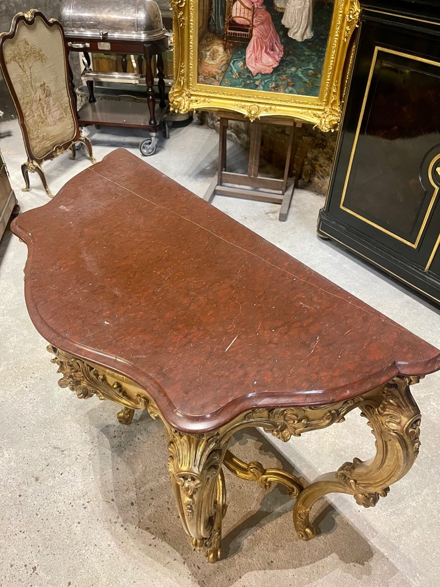 Console 4 Pieds de style Louis XV En Bois Doré D’époque Napoléon III Dessus De Marbre Griotte -photo-1