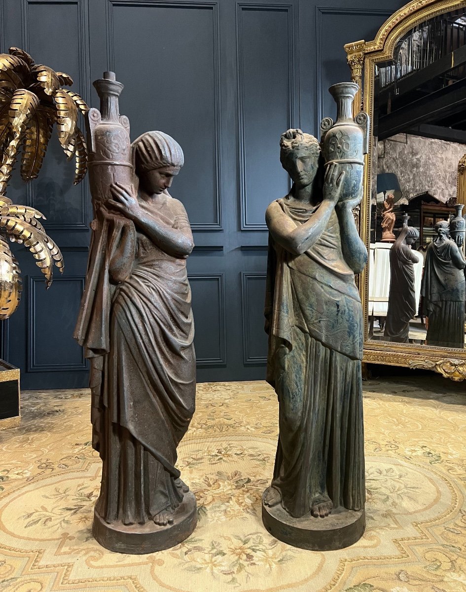 Paire De Statues En Fonte De Fer « la Romaine » Et «  La Grecque » fonderie du Val D’osne 1m15 