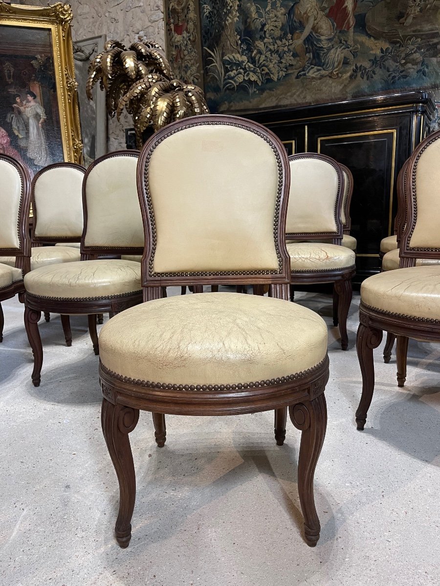 Suite Of 12 Louis XVI Style Chairs Model By Georges Jacob With Console Feet End XIX-photo-2