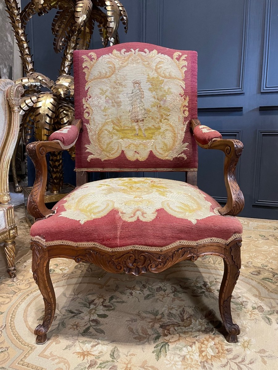 Paire De Fauteuils Dossier Plat De Style Louis XV , Tapisserie Aux Petits Points XIX ème Siècle-photo-4