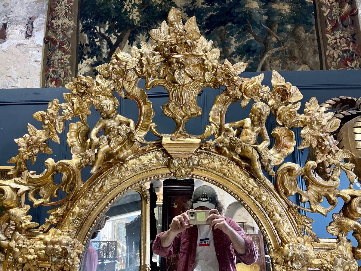 Miroir Aux Putti En Bois Doré D’époque Napoléon III 1m96 X 1m33 -photo-4