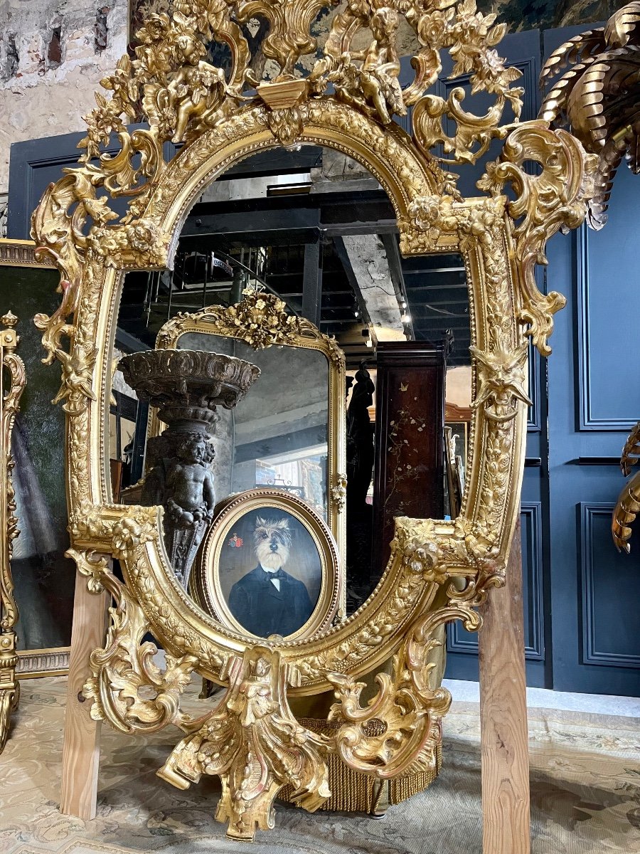 Miroir Aux Putti En Bois Doré D’époque Napoléon III 1m96 X 1m33 -photo-1